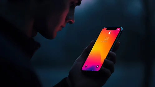 Neon Gradient Smartphone Display in Darkened Environment. Cinematic.