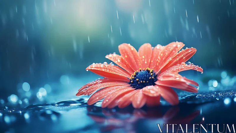 Coral Daisy With Raindrops in Stormy Light.
