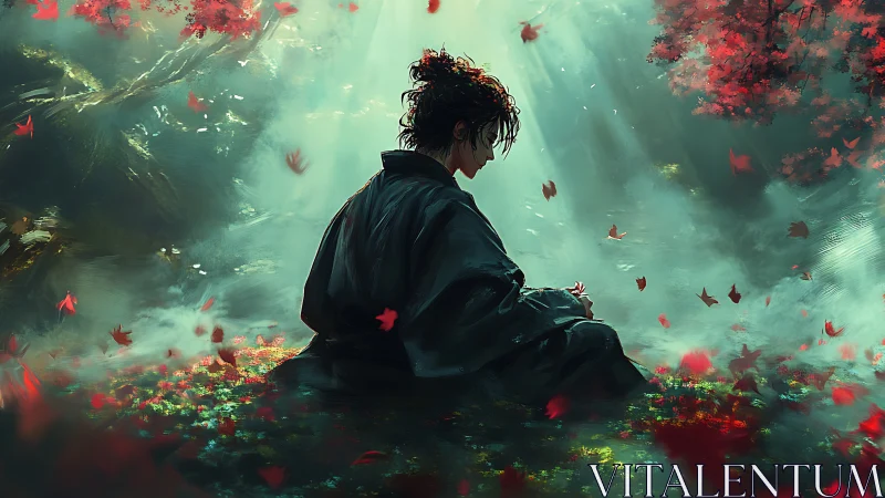 Solitary robed figure seated in misty forest clearing.