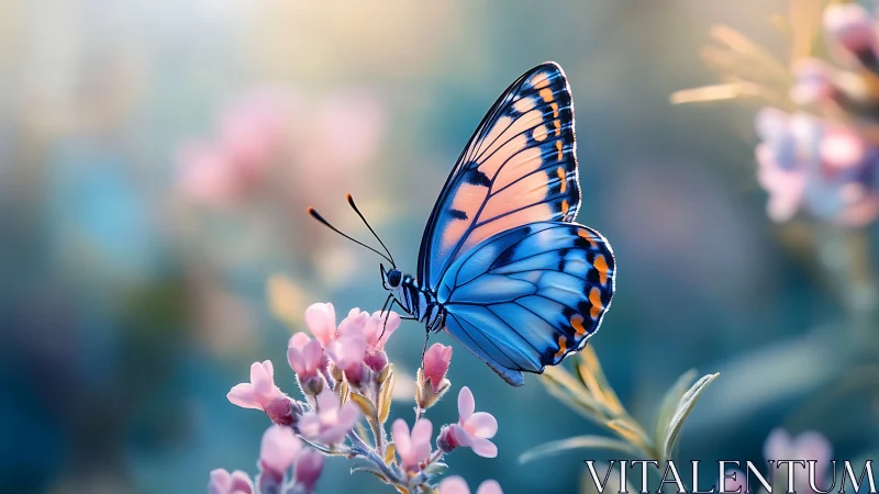 Blue butterfly rests on pink blossoms in dreamy garden light.