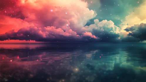 Multicolored cloud formation reflected on calm water surface.