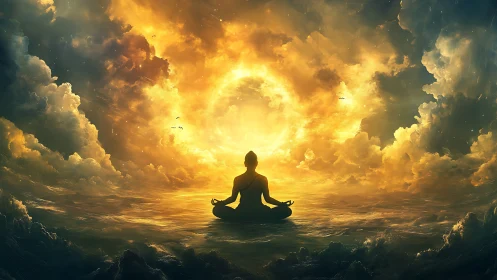 Peaceful meditation bathed in glowing celestial light.