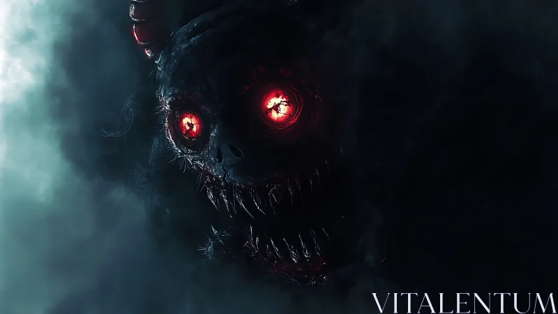 Horned skeletal entity with red luminescent eyes in shadowed mist.