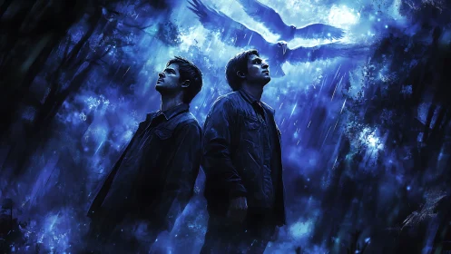 Brothers confront glowing omen under storm-forged sky.