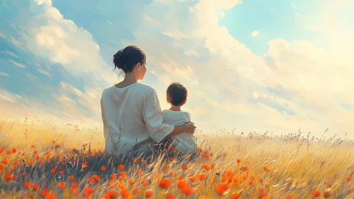 Mother and child sharing quiet sunshine in a wildflower field.