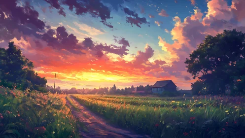 Rural dirt road at vivid sunset with farmhouse and wildflower meadow