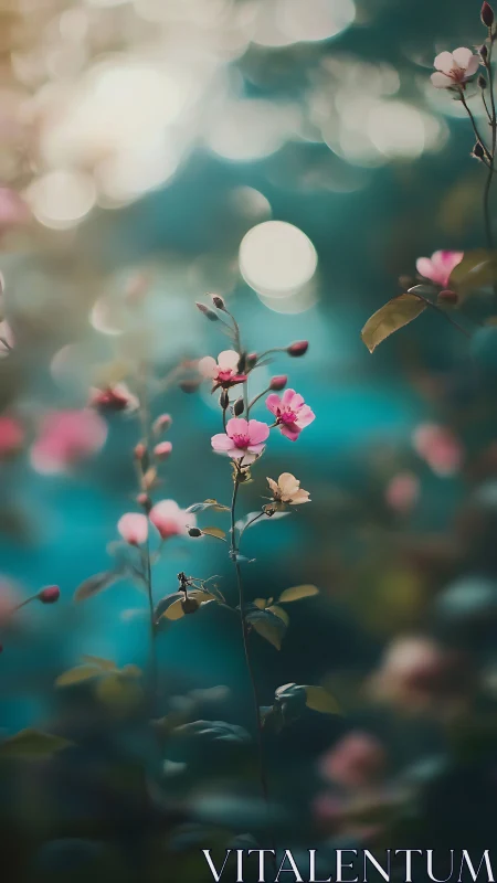 Pink flowers bloom with soft bokeh bokeh against teal background