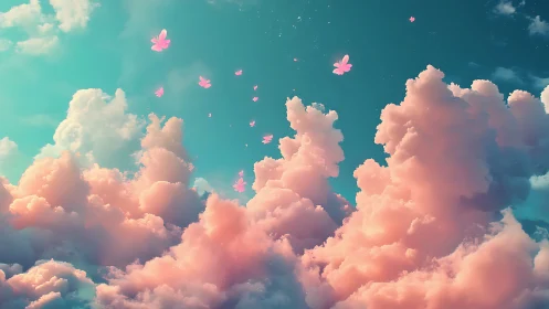Digital sky scene shows stylized clouds and floating petals