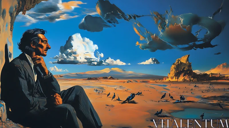 Contemplative man surveys surreal desert beneath sculpted sky