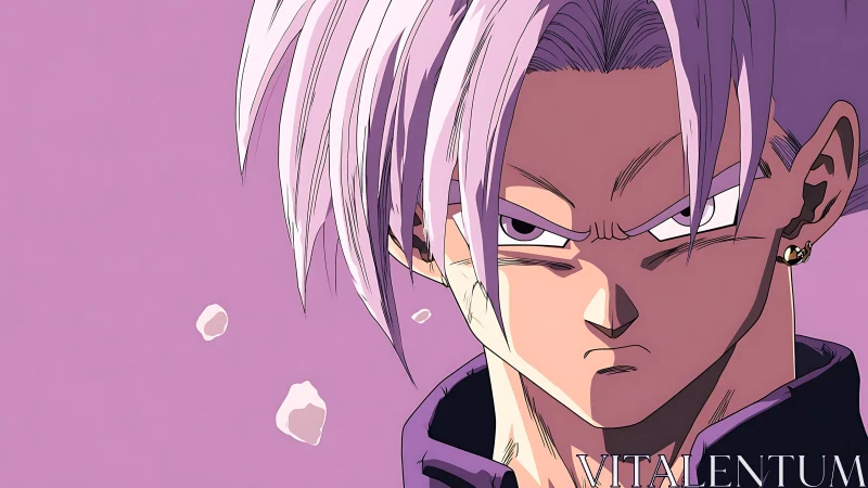Purple haired anime warrior in intense close up portrait.