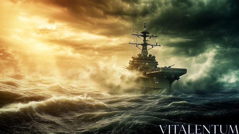 Modern aircraft carrier cutting storm-lit cinematic ocean swells.