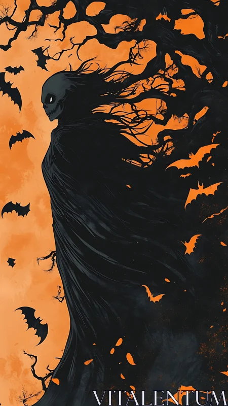 Eerie cloaked wraith drifting through a storm of midnight bats.