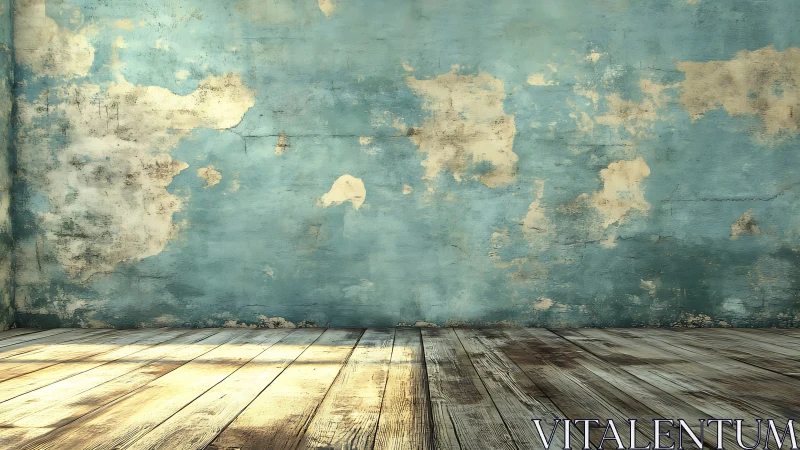 Weathered blue wall and worn wooden floor in empty room.