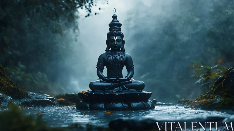 Serene stone deity statue sits in misty rainforest pool