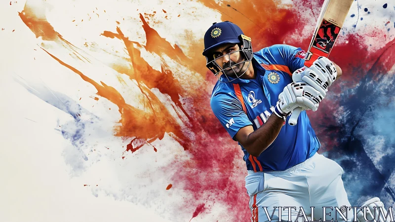 Dynamic cricket batsman rendered against abstract color field