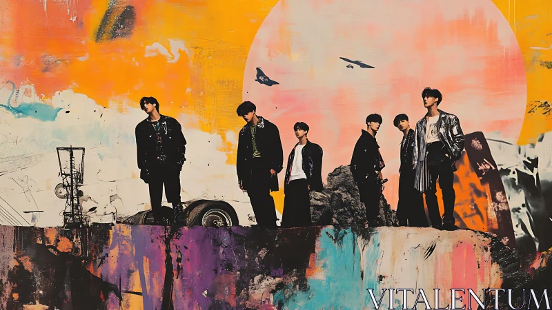 Six silhouetted figures before abstract sunset mural.