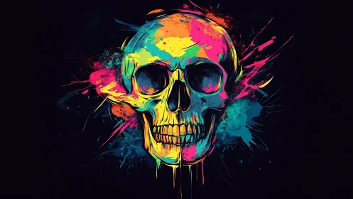 Neon chromatic skull portrait with dynamic paint splashes.