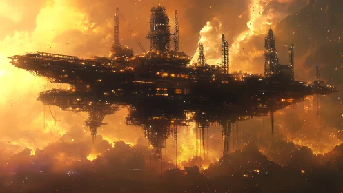 Solarforge dreadnought drifting above an emberstorm sky.