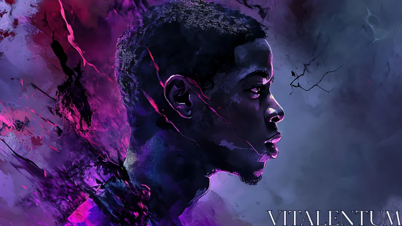 Neon-lit digital portrait of man in profile amid abstraction.