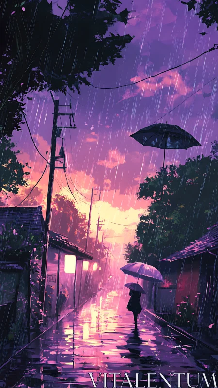 Twilight rain drapes a neon-lit alley in quiet wonder.