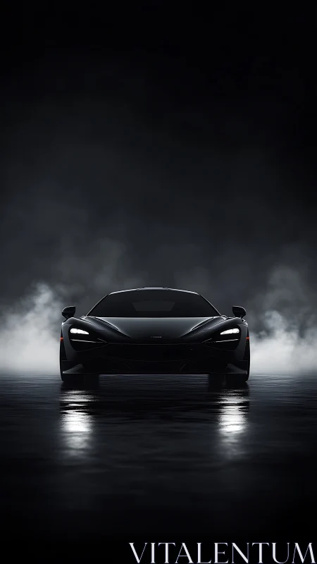 Midnight supercar prowls through fog-drenched mirror asphalt.