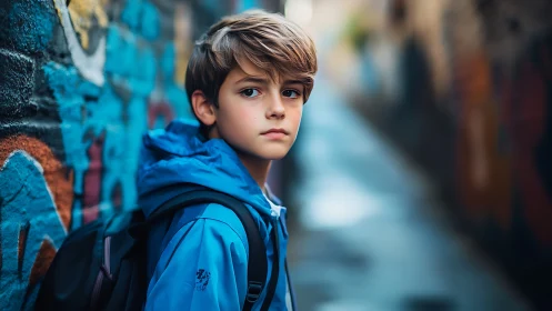 Youth portrait featuring shallow depth field and chromatic street wall composition