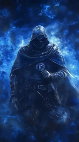 Hooded figure stands in blue energy cloud, holding emblem