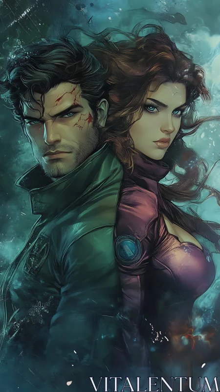 Dual heroic profiles in turbulent teal atmospheric field.