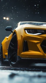 Rain-slicked yellow muscle car stalks the night in neon mist