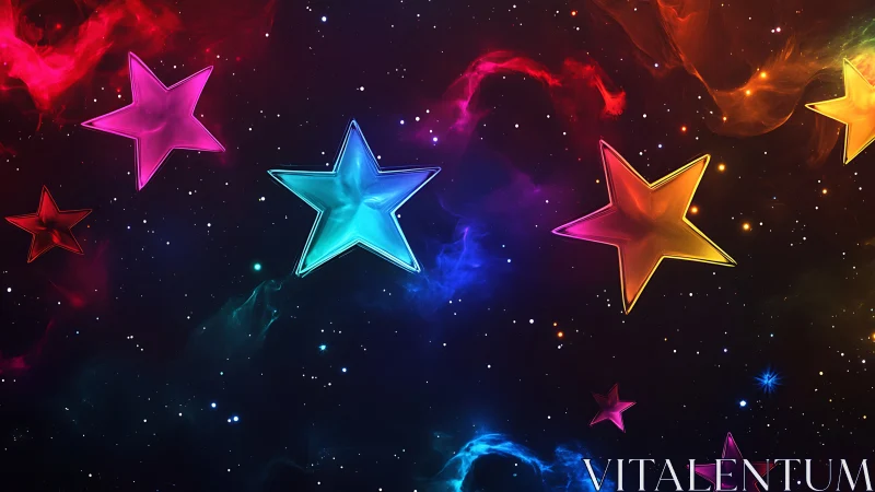 Glowing neon stars drifting through colorful cosmic nebulae.