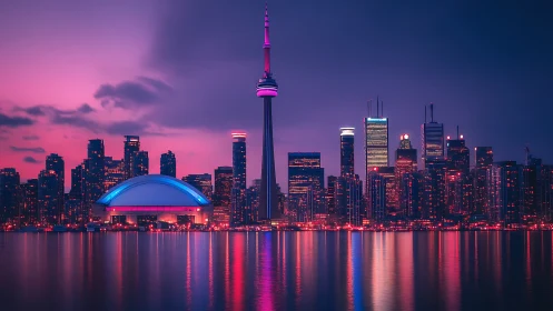 Neon kissed city skyline glowing over calm evening water.