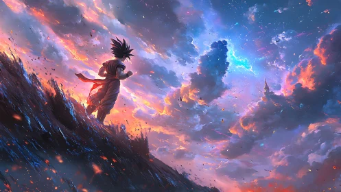 Solitary anime figure on ridge under luminous storm sky.