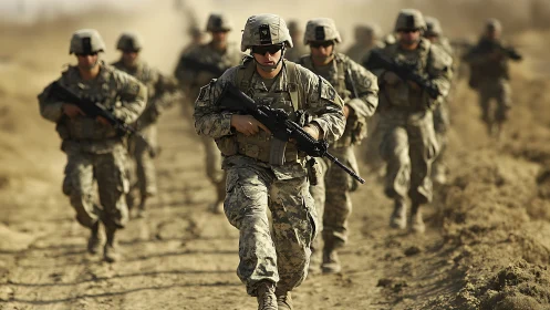 Armed infantry squad advances along dusty combat patrol route