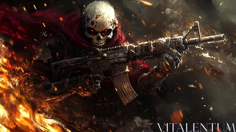 Bone-faced war wraith storms through molten battlefield flame.