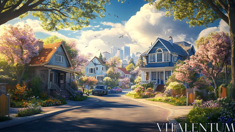 Sunlit suburban street welcomes a calm, flower-rich neighborhood