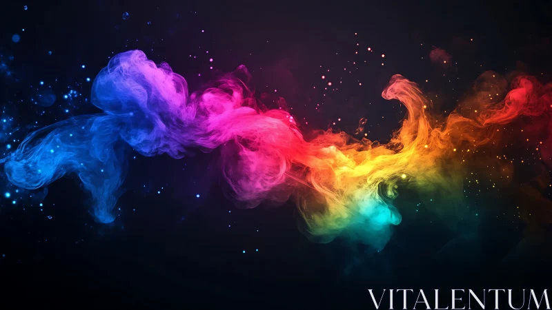 Vibrant neon color smoke swirl on dark cosmic background.