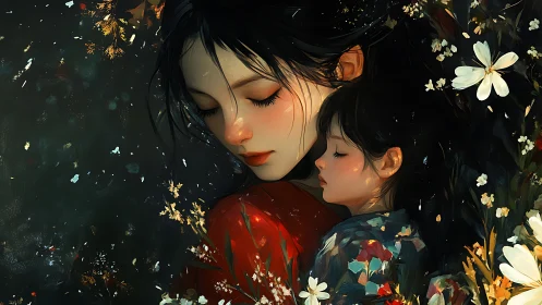 Digital painting of sleeping mother and child in floral field.