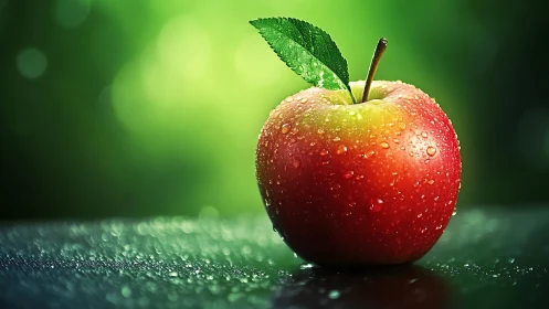 Red apple rests on wet surface under vivid green light