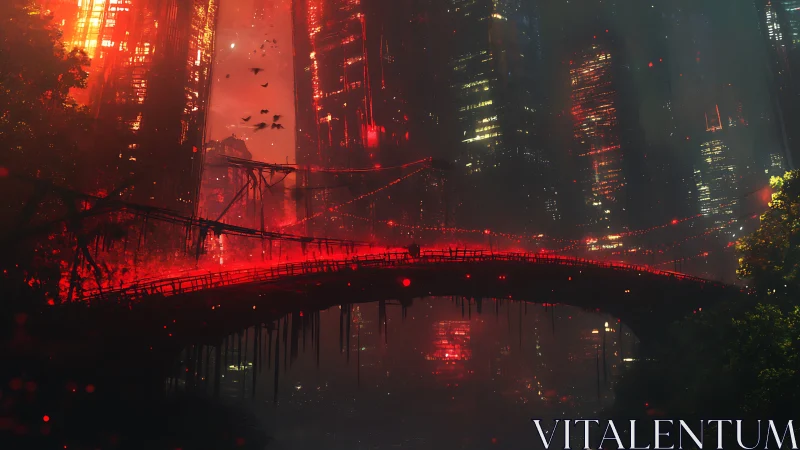 Red-lit cyberpunk bridge crossing decayed neon cityscape.