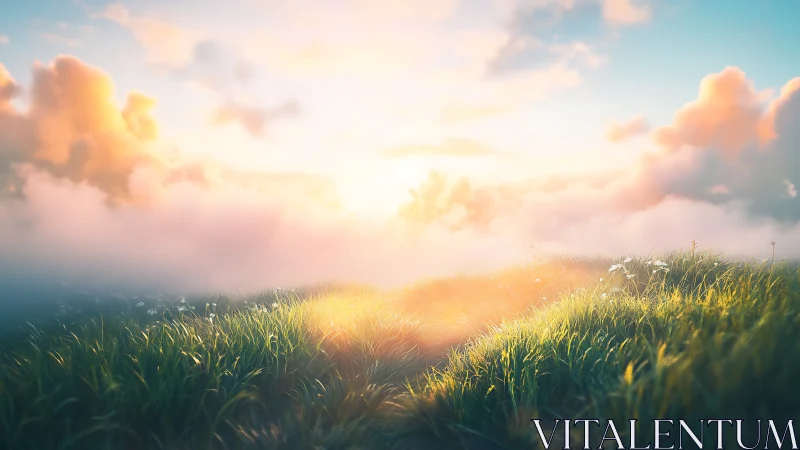 Sunlit grassy hills rise above dense clouds at soft sunrise