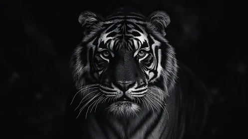 Staring tiger emerges from darkness in monochrome portrait.