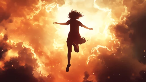 Girl leaping into glowing sky of fire and light.