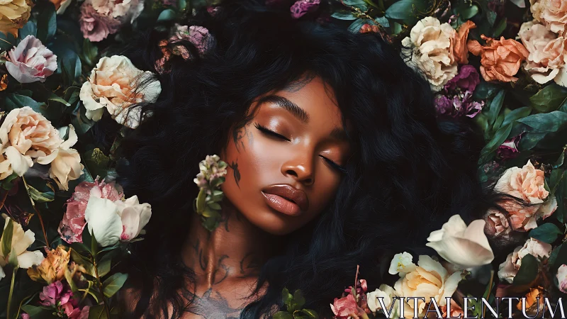 Bloom-Wrapped Serenity: Portrait Nestled in Dark Florals.