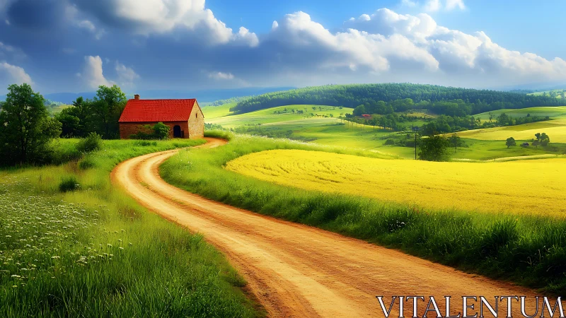 Curving dirt road beside yellow fields under dramatic clouds