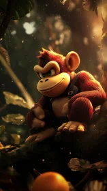 Cartoon monkey character sits on jungle branch in warm light