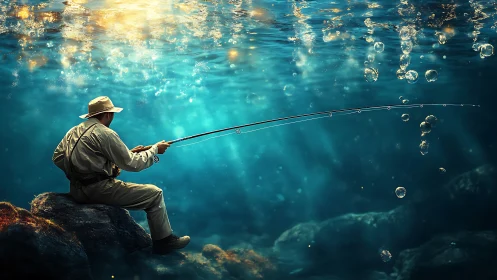 Underwater fisherman framed by glowing sunlit surface