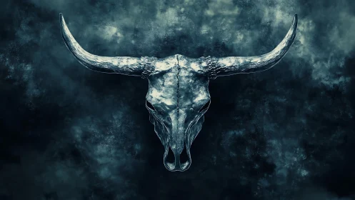 Weathered longhorn skull glowing in a moody blue haze.