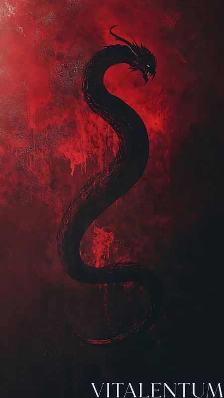 Curving shadow dragon rising through deep crimson haze.