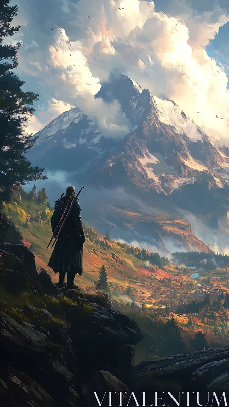 Solitary cloaked figure overlooking expansive mountain valley.