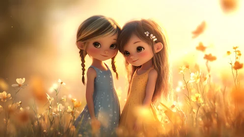 Sunlit stylized girls in golden meadow with soft bokeh glow.